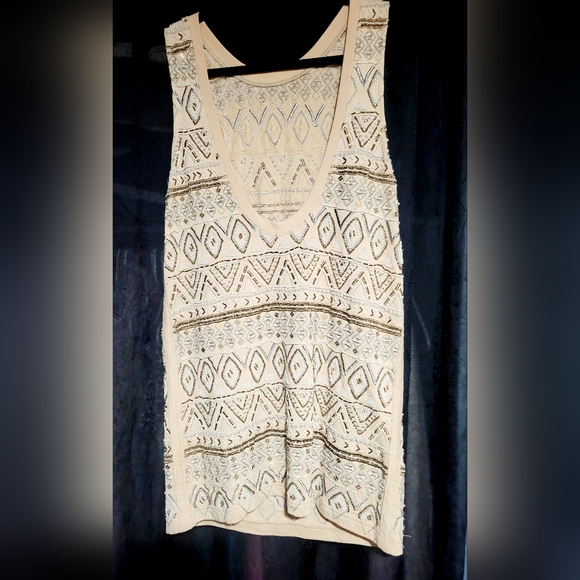 Free People Tan Cotton Scoop Back Beaded Embroidered Mini Dress - Picture 2 of 3